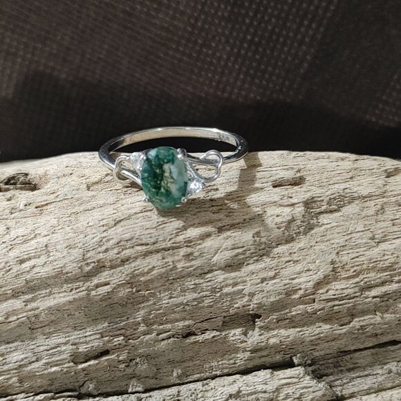 Moss Agate Ring Quartz Sterling Silver 925 Size 8 Oval Green Nature Earth Stamp - Picture 14 of 16